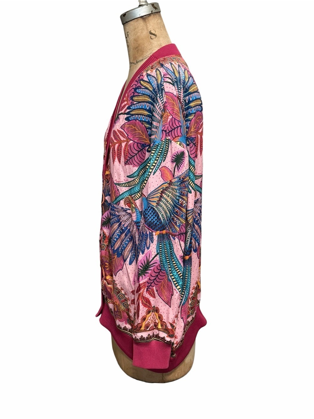 FARM Rio Macaw Scarf Print Pink Multicolor Botanical V-Neck Button Cardigan S - Picture 5 of 8